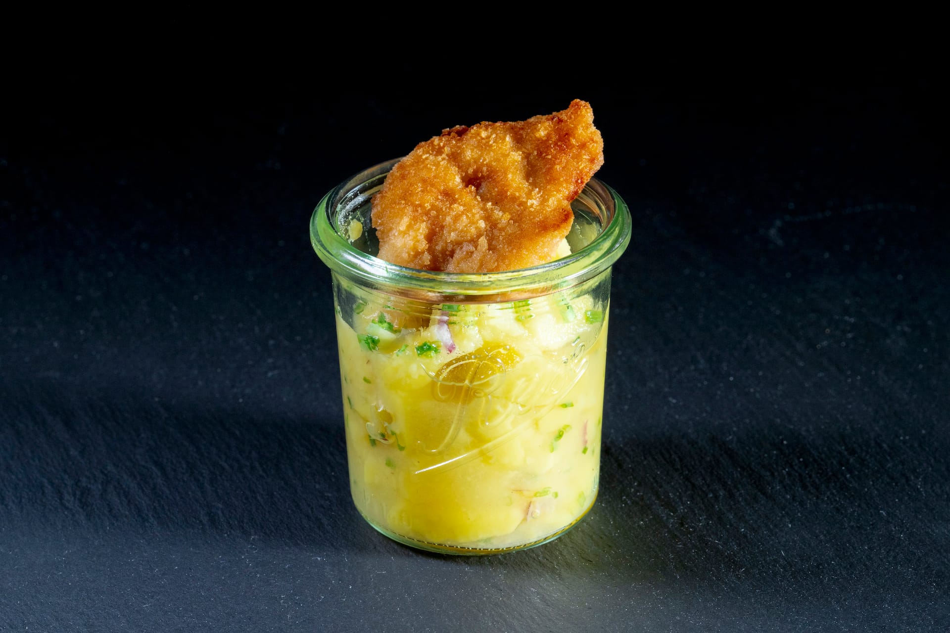 Erdäpfel Salat mit gebackene Hühner Filet Streifen – Mein Brötchen